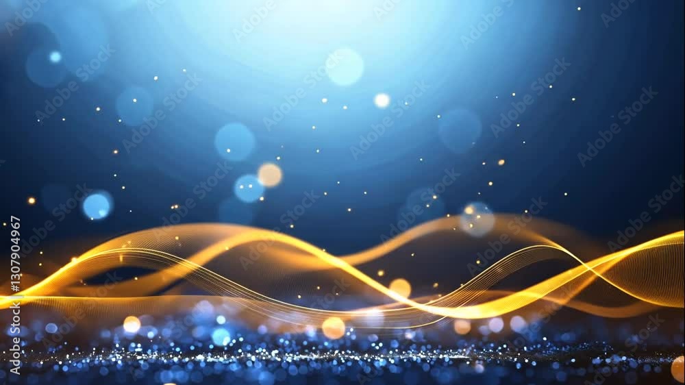Abstract design featuring flowing waves and bokeh lights on a blue background
