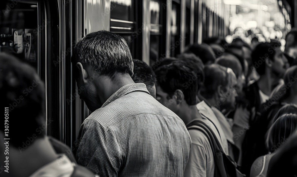 Fototapeta premium Monochrome depiction of commuters boarding a train during rush hour