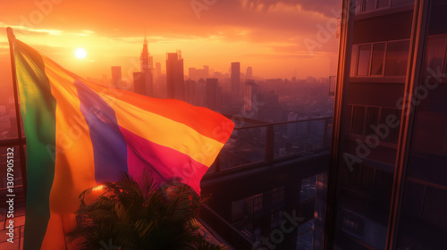 Scenic View of a Rainbow Flag Draped Over a City Balcony, Set Against a Glowing Sunset, Representing Pride and Acceptance