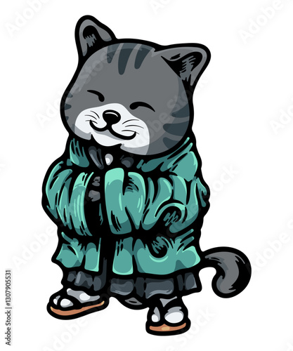Zen Cat: A serene cartoon cat embodies peacefulness in minimalist artwork, dressed in traditional attire, eyes closed. 
