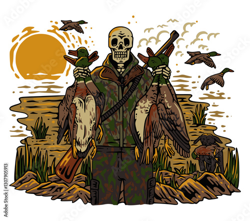 Hunter's Harvest: Illustration of a skeletal hunter standing amidst a marshland scene, proudly displaying two ducks and a rifle, with ducks soaring in the sky, representing the hunting activity. 
