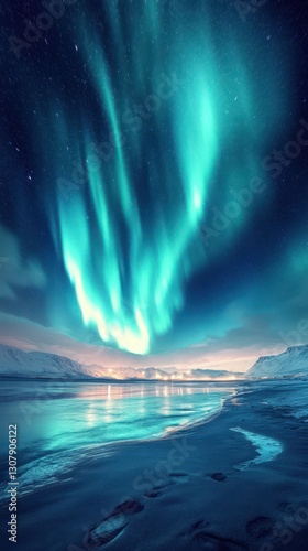 Northern lights dance over tranquil waters in Iceland during a winter night sky