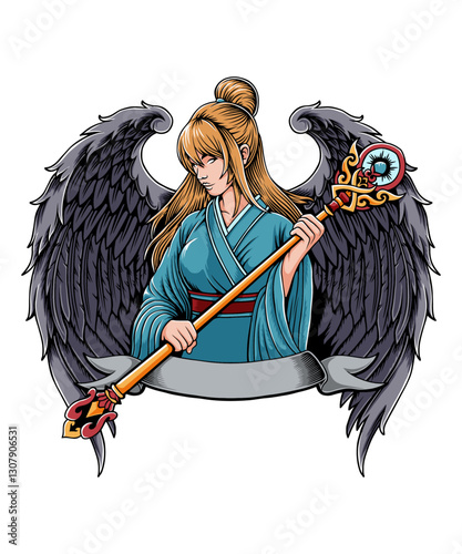 Mystical Guardian: An alluring anime-style character, adorned with dark wings and a staff, stands poised, ready to embark on an adventure.