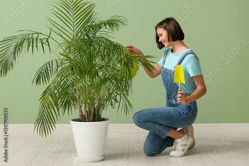 Happy young woman watering ...