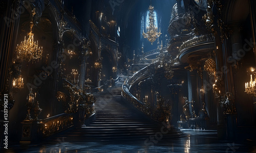 Opulent grand staircase with ornate gold chandeliers in a gothic hall