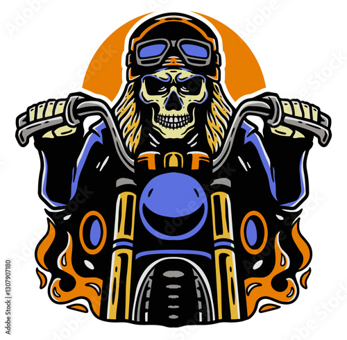 Rider of the Night: An illustration of a skeletal biker with a skull face, sporting a helmet and riding a classic motorcycle, framed against an orange backdrop.