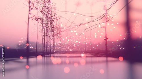 Pink dreamy landscape with glowing lights and slender trees. A magical, serene scene.