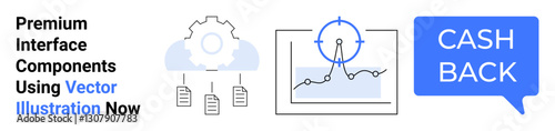 Gear with cloud and documents, growth chart with target, and cashback speech bubble. Ideal for fintech, technology solutions, data visualization, marketing, e-commerce, business tools flat landing