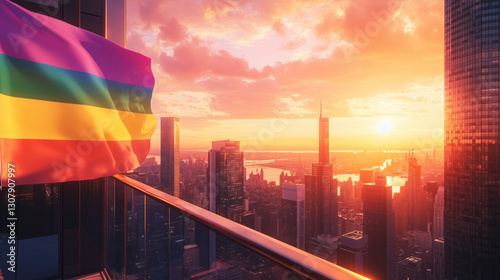 Scenic View of a Rainbow Flag Draped Over a City Balcony, Set Against a Glowing Sunset, Representing Pride and Acceptance
