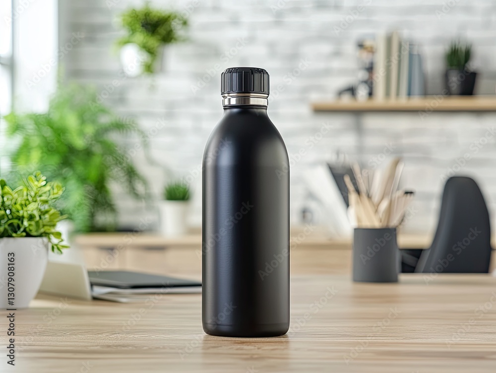 Modern workspace featuring a sleek black reusable water bottle in focus Modern workspace featuring a sleek black reusable water bottle in focus