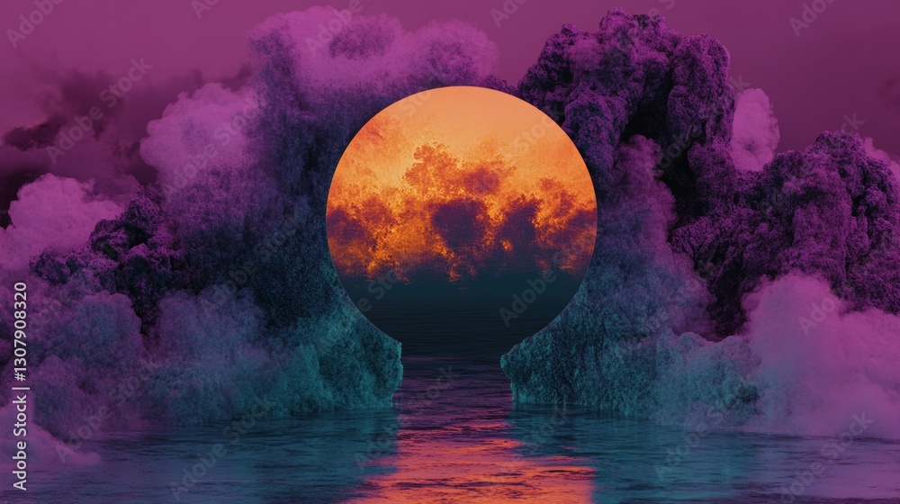Obraz premium Surreal landscape with a vibrant orange sun peeking through purple and teal clouds reflected in still water.
