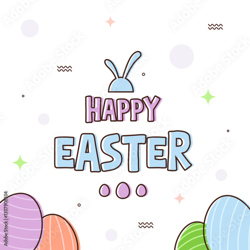 Outline Happy Easter square template on white background with colorful pastel eggs and geometry object
