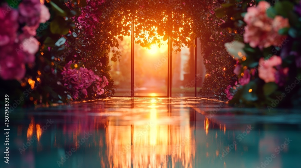Naklejka premium Sunset through a floral archway, reflecting on the still water below. A dreamy, romantic scene.