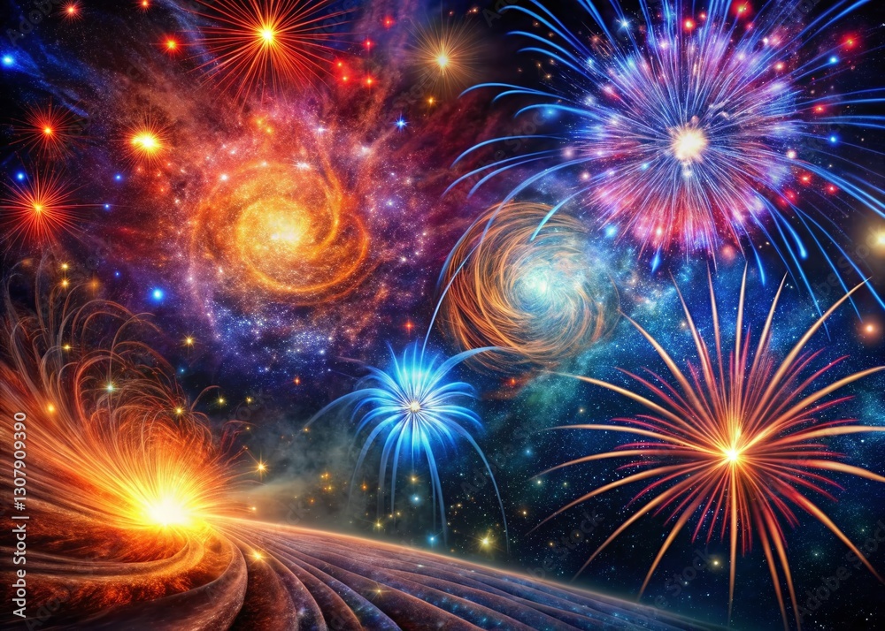 Fototapeta premium Abstract Fourth of July Science: Long Exposure Fireworks & Nebula