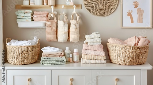 Baby clothes, laundry, and care supplies organized in a nursery