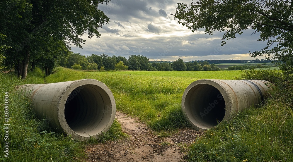 Grey Concrete Pipes in a Lush Green Field under a Cloudy Sky Grey Concrete Pipes in a Lush Green Field under a Cloudy Sky