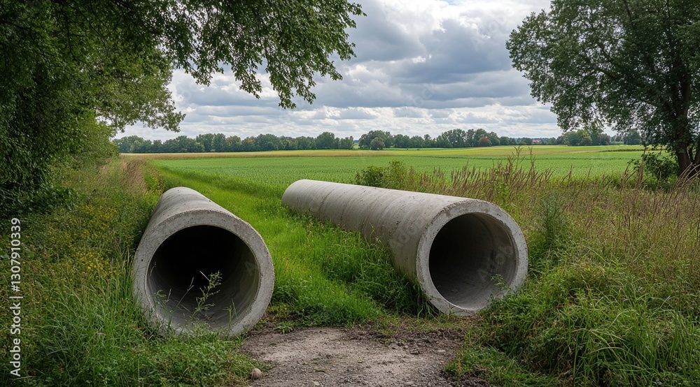 Large Concrete Pipes in a Green Field under a Cloudy Sky Large Concrete Pipes in a Green Field under a Cloudy Sky