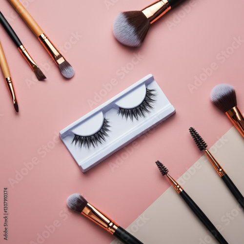 Cosmetic tools with false eyelashes on pastel background, beauty aesthetics
