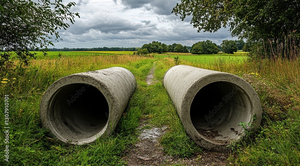 Grey Concrete Pipes in Green Summer Field Under Cloudy Sky Grey Concrete Pipes in Green Summer Field Under Cloudy Sky