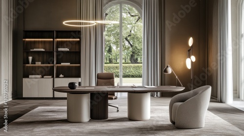 Elegant home office interior design with modern furniture and natural light