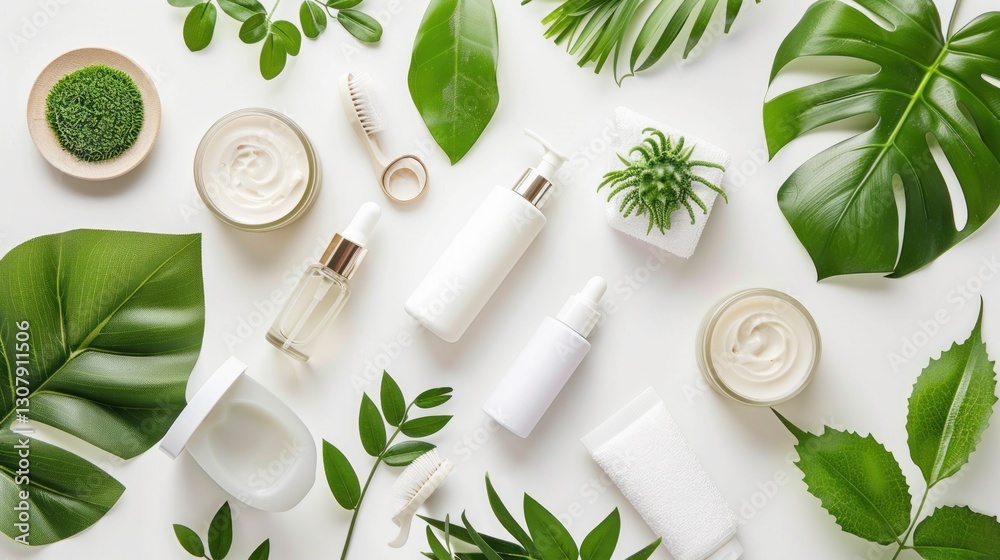 Botanical skincare products presented with natural greenery on bright background Botanical skincare products presented with natural greenery on bright background