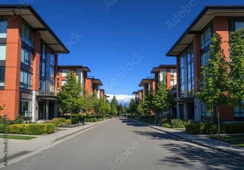 Apartment buildings in Vancouver, British Columbia, apartment complex, luxury residential real estate blue sky, street view, trees and shrubs along the road, modern architecture Generative AI