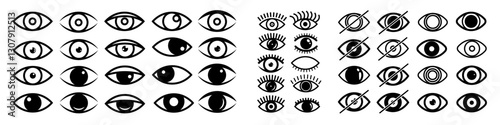 Set of eye linear icons. Show or hide password. Crossed out eye symbol for app or website design.  Various shapes. Vector illustration.