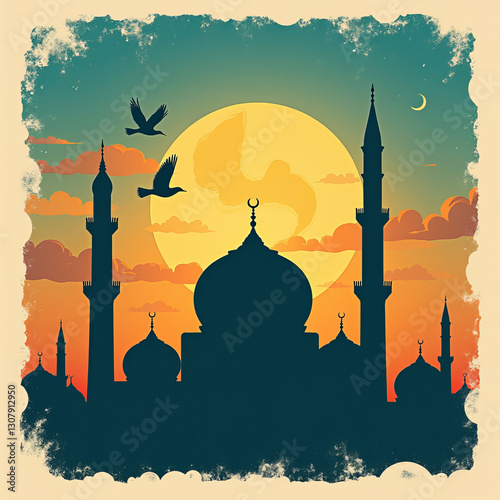 Beautiful Mosque Silhouette at Sunset with Birds and Crescent Moon