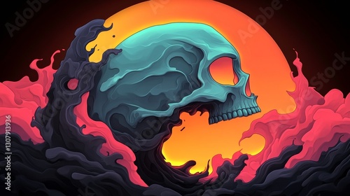 Surreal teal skull engulfed in dark and vibrant pink and orange abstract waves. A striking digital artwork.