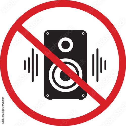 An illustration of a red circle with a red diagonal line through a large speaker silhouette, playing loud music with speakers is prohibited