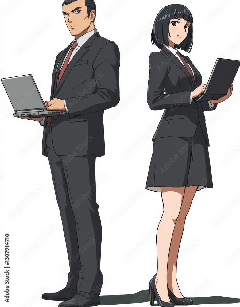 full-body shot of two characters: an adult male in a business suit and a woman with a black bob haircut wearing a skirt suit and holding a laptop. full-body shot of two characters: an adult male in a business suit and a woman with a black bob haircut wearing a skirt suit and holding a laptop.