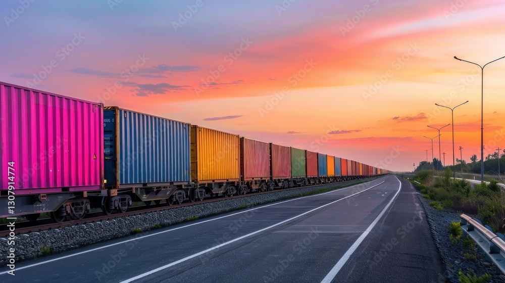 Fototapeta premium Vibrant freight train transporting containers under twilight skies landscape