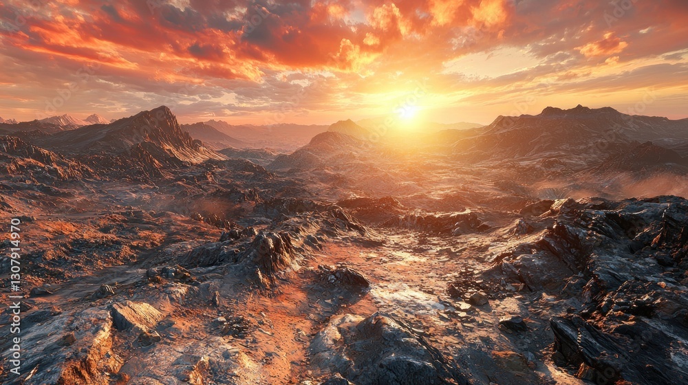 Obraz premium Fiery sunset over a rugged, mountainous landscape.