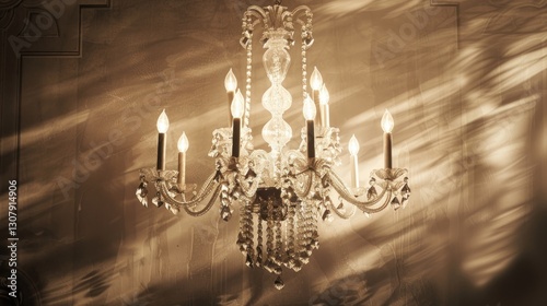 Ornate Crystal Chandelier casting patterned shadows on a vintage wall