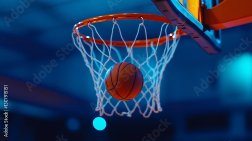 Basketball Sinking Through Hoop in Night Gym photo