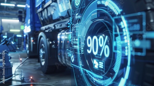 Truck maintenance analysis with digital interface displaying high performance efficiency