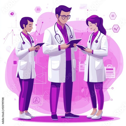 Three cartoon doctors gather to discuss patient information and medical data, each engaging with digital devices in a bright, minimalist setting filled with health-related graphics