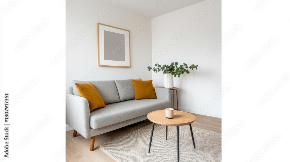 Fototapeta premium A minimalistic living room featuring a cozy gray sofa, stylish pillows, and a wooden coffee table for a welcoming ambiance.