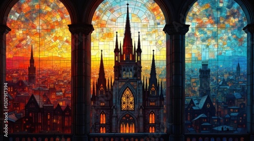 Dreamlike Stained-Glass Edinburgh Cityscape