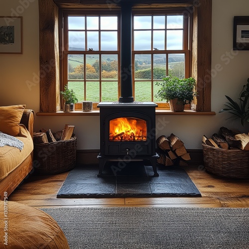 A cozy wooden cabin interior features a crackling wood stove, warm light illuminating the room. Outside, lush green fields and trees are visible, enhancing the tranquil atmosphere photo