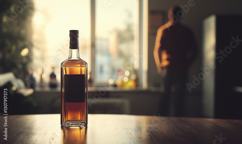 Empty bottles of alcohol with drinking man