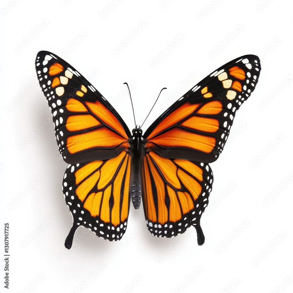 Fototapeta premium A vibrant monarch butterfly resting gracefully against a pure white backdrop, showcasing its striking colors.