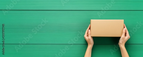 A pair of hands holding a brown carton box against a vivid green wooden surface, symbolizing packaging and delivery. photo