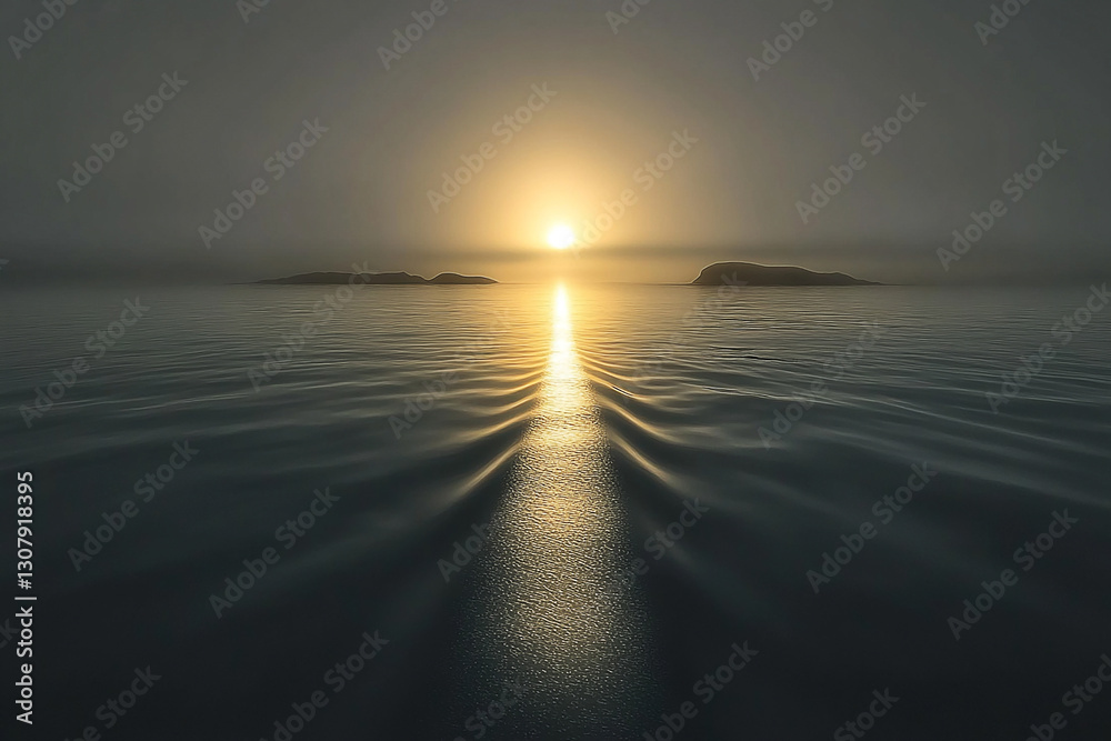 Fototapeta premium Serene sunset over calm waters, illuminating distant islands under a misty sky