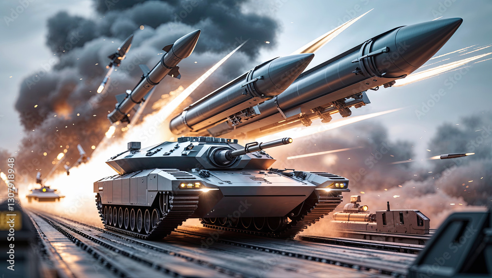 Several missiles are launching and flying over a military tank advancing on rails during a war, with explosions and smoke in the background.