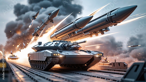 Obraz na płótnie Several missiles are launching and flying over a military tank advancing on rails during a war, with explosions and smoke in the background. w salonie