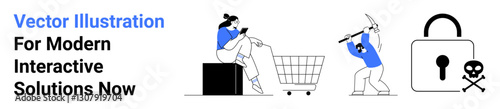 Wallpaper Mural Woman shopping online with a cart, hacker attempting to break security, padlock symbolizing protection. Ideal for cybersecurity, e-commerce safety, encryption, hacking awareness, digital risks, fraud Torontodigital.ca