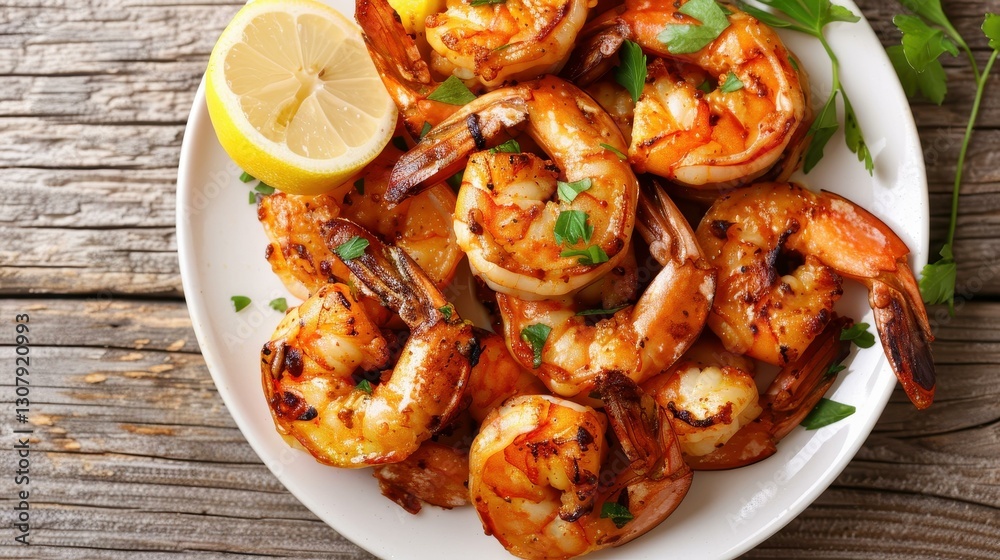 Savor the taste of grilled shrimps, seasoned with spices and a hint of lemon, perfect for a healthy seafood dish. Savor the taste of grilled shrimps, seasoned with spices and a hint of lemon, perfect for a healthy seafood dish.
