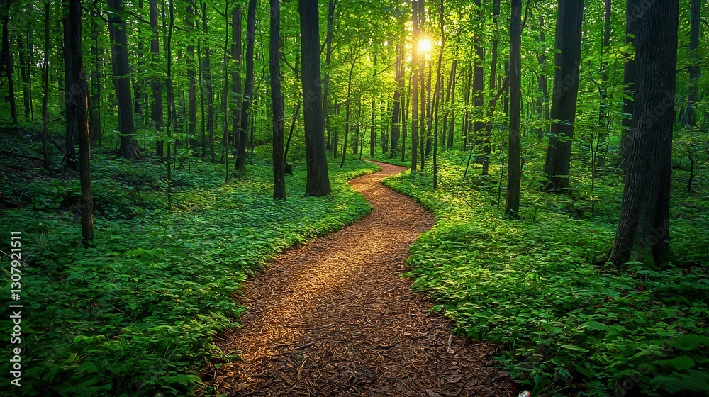 Fototapeta premium Serene forest pathway illuminated by sunlight, inviting tranquility and exploration.