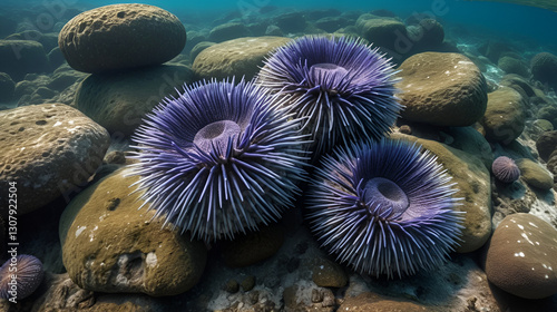 Sea urchins clinging to rocky seabed, 4K hyperrealistic photo